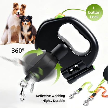 Anti-Tangle Double Dog Leash, Retractable One Handle Two Leashes, Auto Lock Dual Pet Leash for 2 Dogs Small Medium Breeds