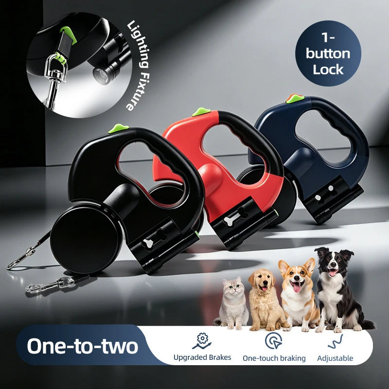 Anti-Tangle Double Dog Leash, Retractable One Handle Two Leashes, Auto Lock Dual Pet Leash for 2 Dogs Small Medium Breeds
