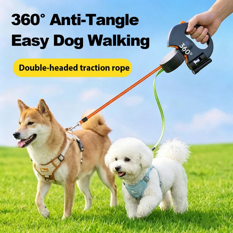 Anti-Tangle Double Dog Leash, Retractable One Handle Two Leashes, Auto Lock Dual Pet Leash for 2 Dogs Small Medium Breeds