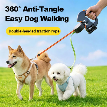 Anti-Tangle Double Dog Leash, Retractable One Handle Two Leashes, Auto Lock Dual Pet Leash for 2 Dogs Small Medium Breeds