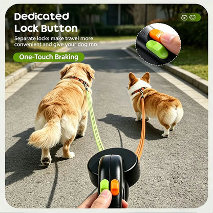 Anti-Tangle Double Dog Leash, Retractable One Handle Two Leashes, Auto Lock Dual Pet Leash for 2 Dogs Small Medium Breeds